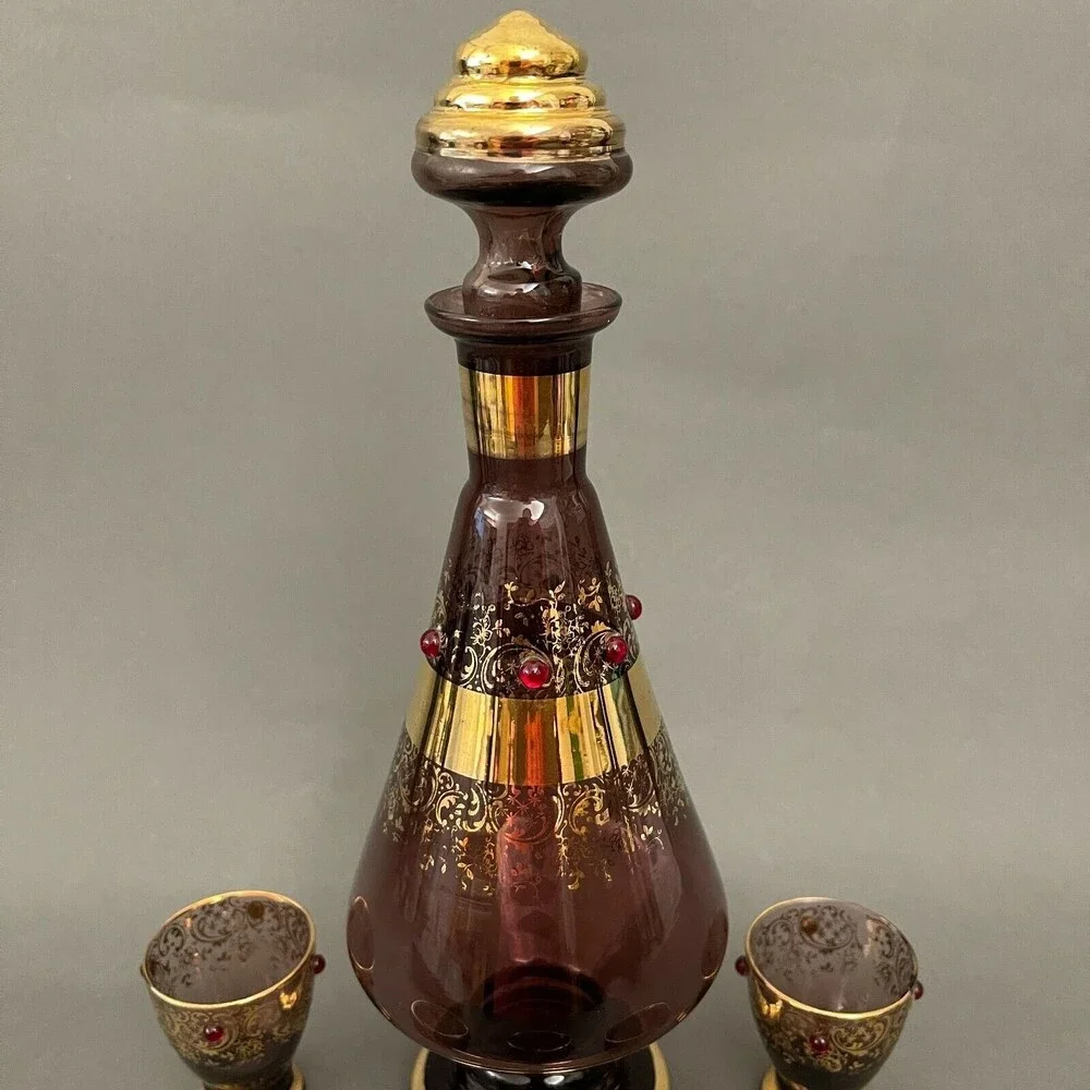 Vintage Bohemia Glass Bottle‎ Decanter 5 Cups Purple Gold